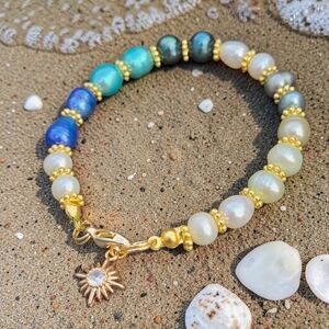 Freshwater Pearls Blues Greens Gold Star Burst Charm Bracelet